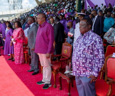 President Uhuru Kenyatta (in purple shirt) and COTU SG Francis Atwoli at Nyayo Stadium on Sunday, May 1, 2022.