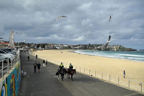 Mounted police officers patroling Bondi Beach in Sydney, Australia, on Monday.