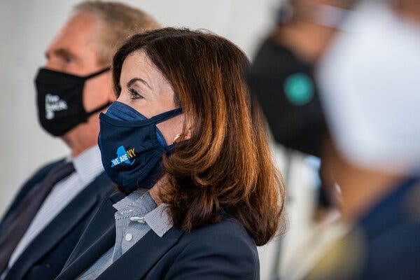 Gov. Kathy Hochul of New York in Brooklyn last month. She is dropping the state’s indoor mask mandate this week.