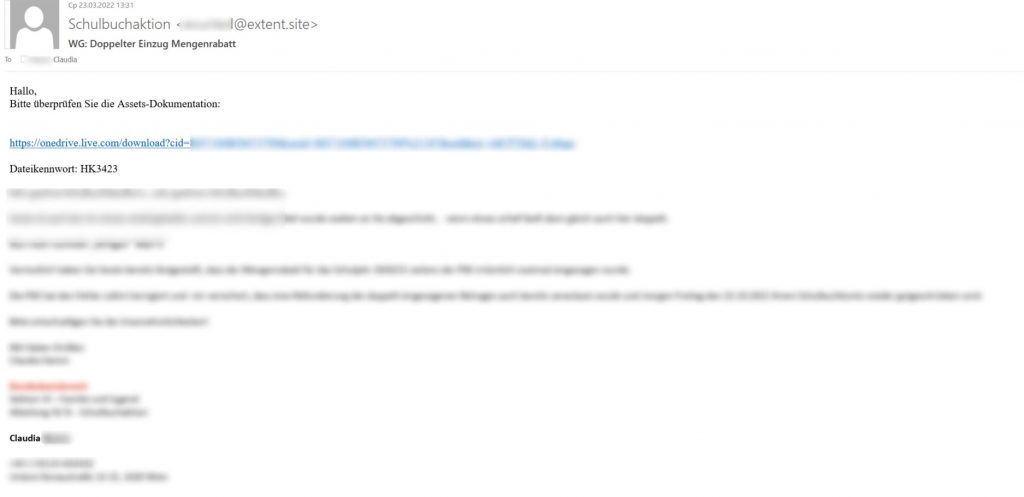 A spam email sent in response to the target states that the link, which is in fact malicious, contains the documentation the recipient needs.