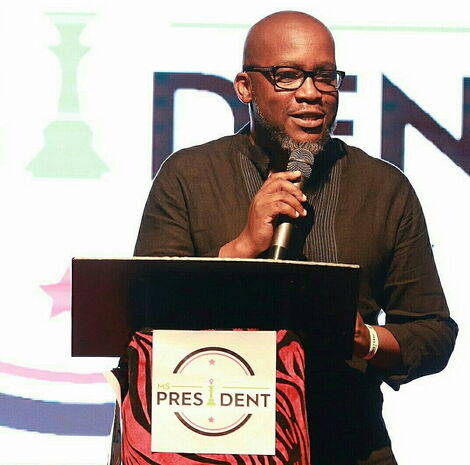 Jimmi Gathu speaks on the podium during the reality show 'Ms President' on KTN in February 2019.