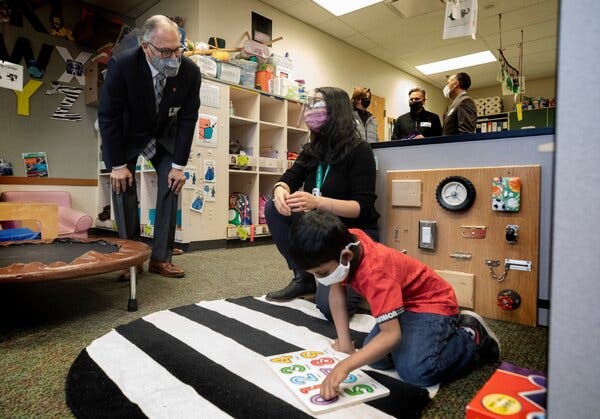 Gov. Jay Inslee of Washington visiting a special education classroom at Phantom Lake Elementary School in Bellevue in March.