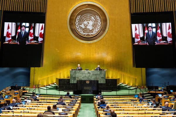 Prime Minister Justin Trudeau of Canada and other leaders addressed the 75th annual U.N. General Assembly in a video in 2020 because of the Covid-19 pandemic.