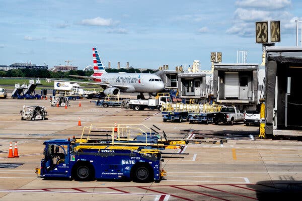 An American Airlines plane in Arlington, Va., on Friday. The carrier is to provide three planes to aid the rescue effort.