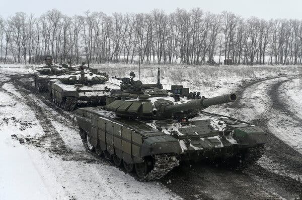Russian tanks in the Rostov region, near the border with Ukraine, in January.