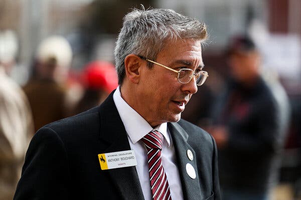 State Senator Anthony Bouchard of Wyoming at a rally in Cheyenne in January. 