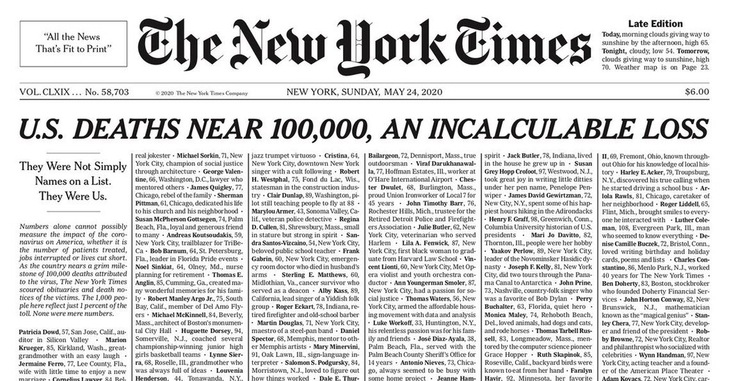 Opinion | 100,000: The Names Behind a Grim Toll