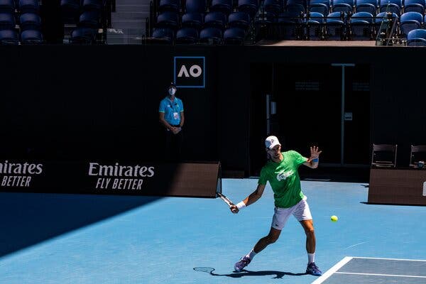 Novak Djokovic practicing at Melbourne Park on Monday.