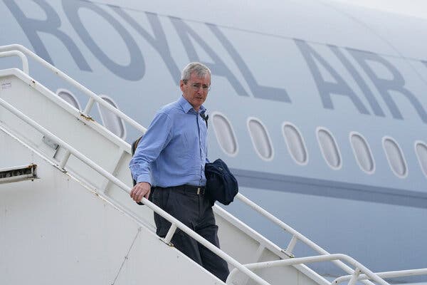 Laurie Bristow, the British ambassador to Afghanistan, arriving in England on Sunday. He had stayed in Kabul, the Afghan capital, to help with the evacuation process.