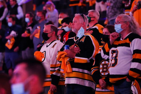 Fans stood for the national anthem before a Boston Bruins game at TD Garden in May.