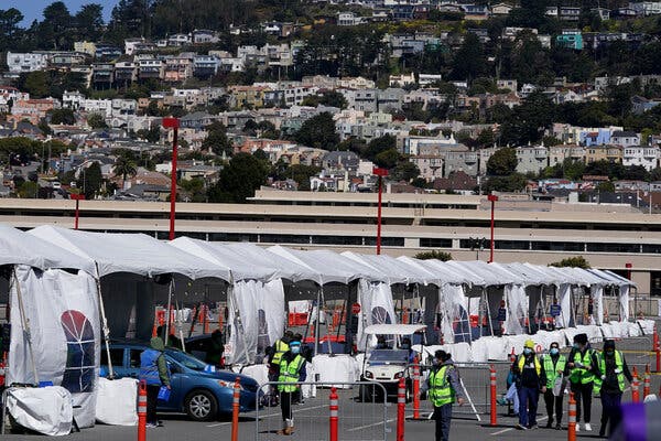 A drive-through vaccination center at the City College of San Francisco in March.