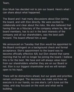 Tesla CEO, Elon Musk decides not to join the twitter board. 1 Tesla CEO, Elon Musk decides not to join the twitter board.