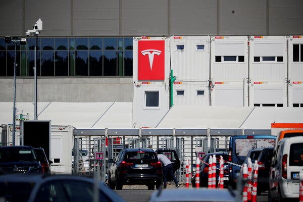 The entrance to the Tesla assembly plant’s construction site outside Berlin in August. A local government official said approval of the plant was in the “last steps.”