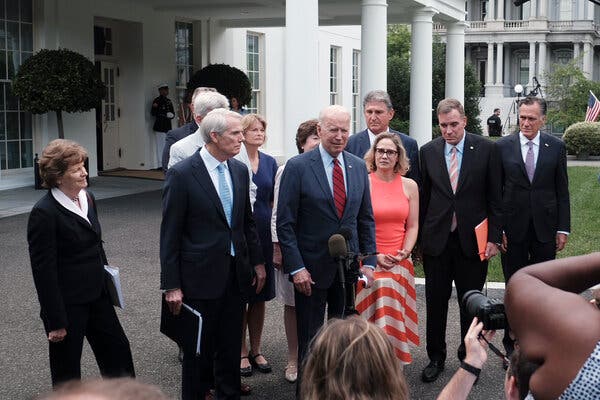 President Joe Biden speaking with a bipartisan group of senators after an infrastructure package meeting at the White House today.