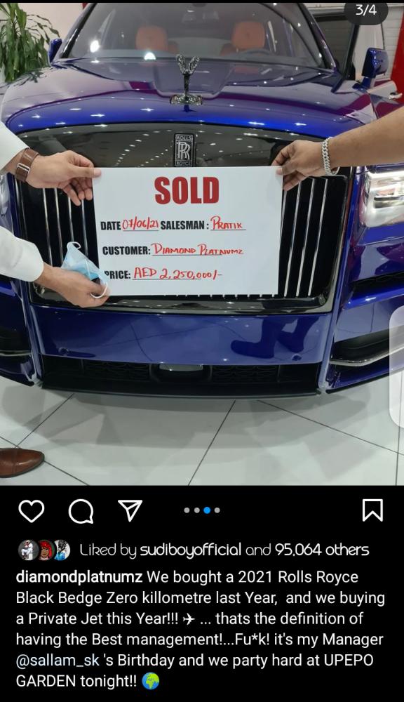 Diamond Set To Buy Private Jet, Reveals Hefty Price Of His Rolls Royce (Photo)
