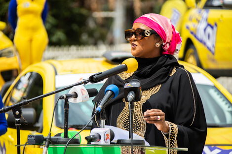 Sports CS Amb. Amina Mohamed delivering her speech at the Team Betika Launch at Nyayo Stadium on June 4,2021