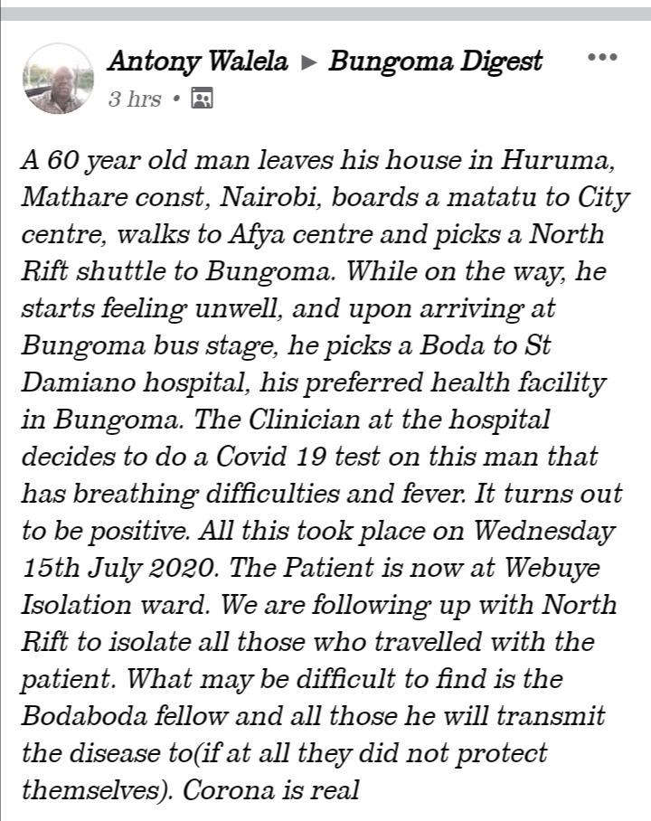 Fear in Bungoma as North Rift Shuttle Brings COVID-19 Patient from Nairobi