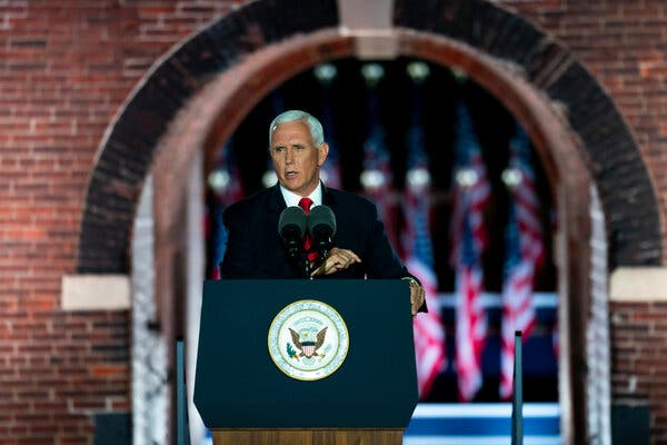 Vice President Mike Pence delivers his speech to the Republican convention from Fort McHenry in Baltimore, Md., on Wednesday.