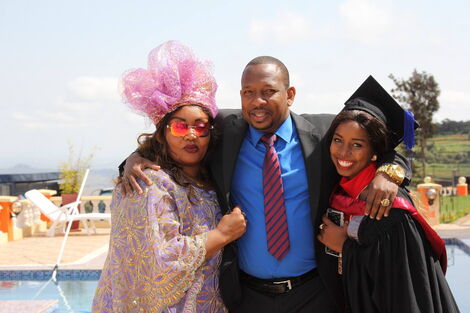 Nairobi Governor Mike Sonko (center), his wife Primrose Mbuvi (right) and daughter Saumu during her graduation in June 2018.