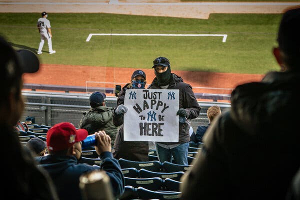 New York Yankees fans at a game in April.