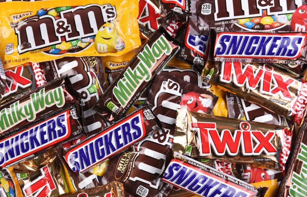 Hershey’s, KitKat, Mr. Goodbar, M&M’s, Skittles, Snickers, Toblerone etc.