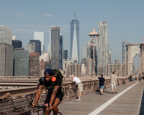 A view of Lower Manhattan from the Brooklyn Bridge.