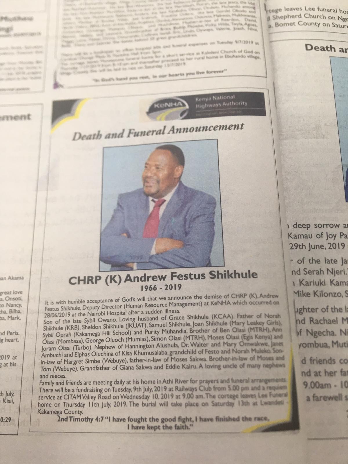 Top KeNHA manager dies in office mysteriously – Weekly Citizen