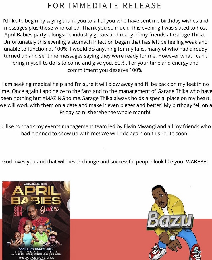 Willis Raburu forced to explain why he cancelled lavish birthday