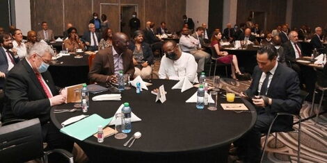 DP William Ruto and David Ndii (centre) and members of the European Business Community at the Village Market on Tuesday, February 15.