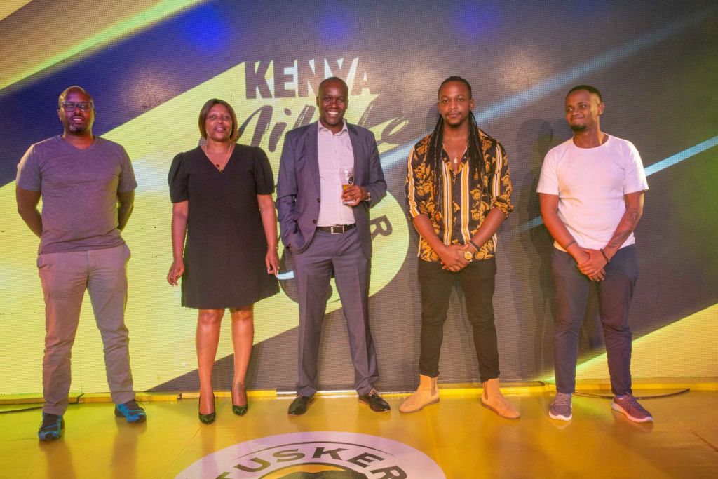From Left: Kenya Filmmaker and Tusker TVC producer, Tosh Gitonga,Managing Director,Scanad & J Walter Thompson Kenya, Sally Sawe, Managing Director, Kenya Breweries Limited, John Musunga,Kenyan Singer, Elvis Who and Kenyan Fine artist and Animator, Ed Wainaina during the official launch of the Kenya Milele Campaign at K1 Club House in Nairobi - Bizna Kenya