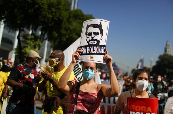 Protesters in Rio de Janeiro on Saturday calling for the impeachment of President Jair Bolsonaro of Brazil over his handling of the virus crisis.