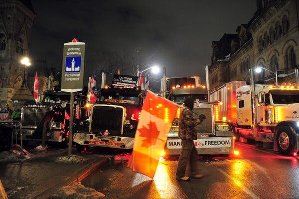 Truckers protesting vaccine mandates in downtown Ottawa on Tuesday evening.