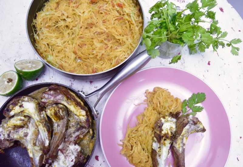 Lamb chops in coconut with fried cabbage Eve woman