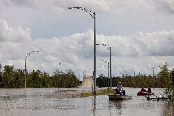 Floodwater blocked access on Monday to a bridge  leading to Jean Lafitte, La., over the Gulf Intracoastal Waterway.
