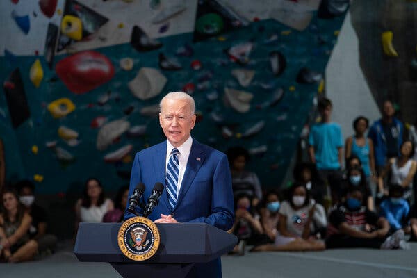 President Biden spoke at Sportrock Climbing Center in Alexandria, Va., on Friday.