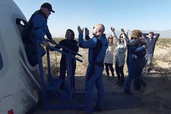 Mr. Shatner emerged from the New Shepard capsule after a safe landing on Wednesday.