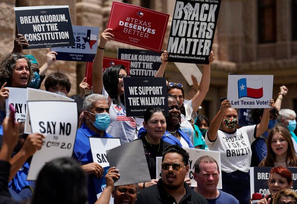Demonstrators protested against a strict voting-rights bill on July 13 in Austin.