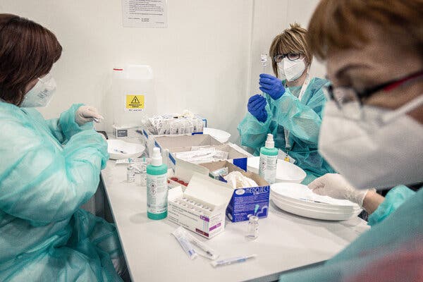 Nurses preparing AstraZeneca vaccine doses in Bratislava, Slovakia, in April.