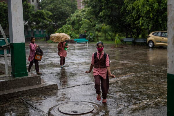 The first day of partial reopening of schools in Noida, a suburb of New Delhi, last week.