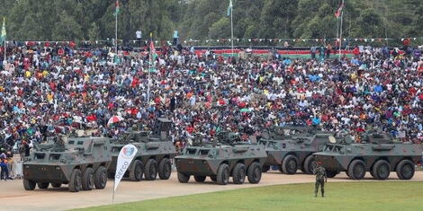 Military vehicles being displayed by KDF officers during Madaraka Day Celebrations at Uhuru Gardens on June 1, 2022.