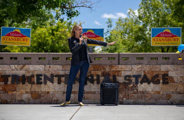 Melanie Stansbury spoke at a rally at Tiguex Park last month in Albuquerque.