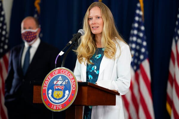 Dr. Rachel Herlihy, state epidemiologist with the Colorado Department of Public Health and Environment, at a news conference last week in Denver.