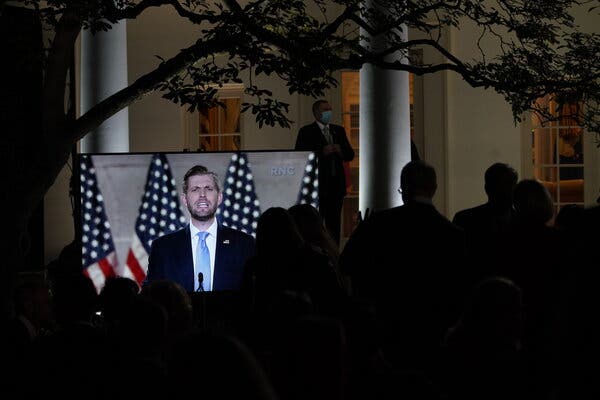 Eric Trump’s speech was shown in the Rose Garden of the White House on Tuesday, before Melania Trump spoke from the garden itself.