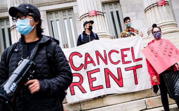 Activists gathered outside of Brooklyn Borough Hall to call for an extension of the state’s moratorium on evictions in Manhattan on Monday.