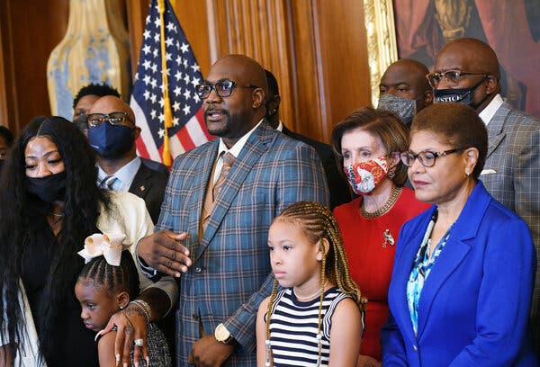 Philonise Floyd, the brother of George Floyd, spoke as he and members of the Floyd family met with House Speaker Nancy Pelosi on Tuesday.