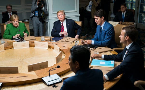 Chancellor Angela Merkel of Germany, left, during the 2019 Group of 7 gathering in Canada.