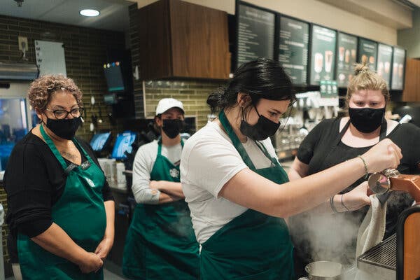 Barista training at a Starbucks in Cheektowaga, N.Y.