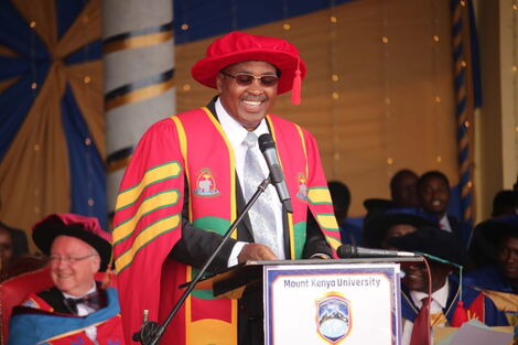 MKU Chairman Simon Gicharu addresses graduates at Thika Main Campus in 2019