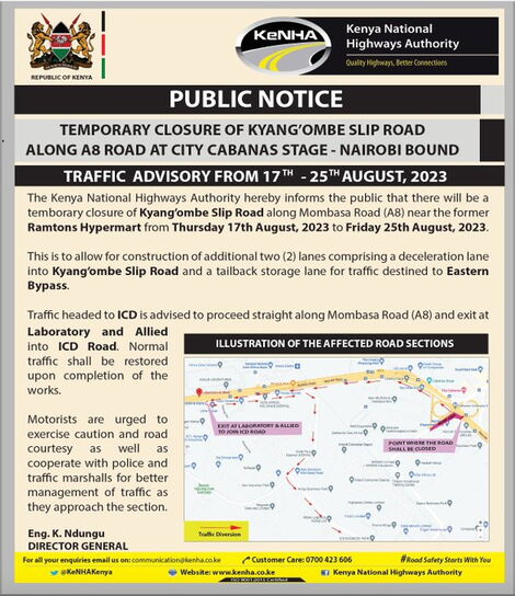 Kenya National Highways Authority (KeNHA) public notice issued on February 3, 2021.