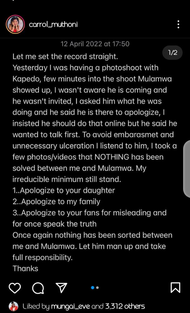 Carol Sonnie Denies Getting Back With Mulamwah After Suggestive Photoshoot, Demands Apology